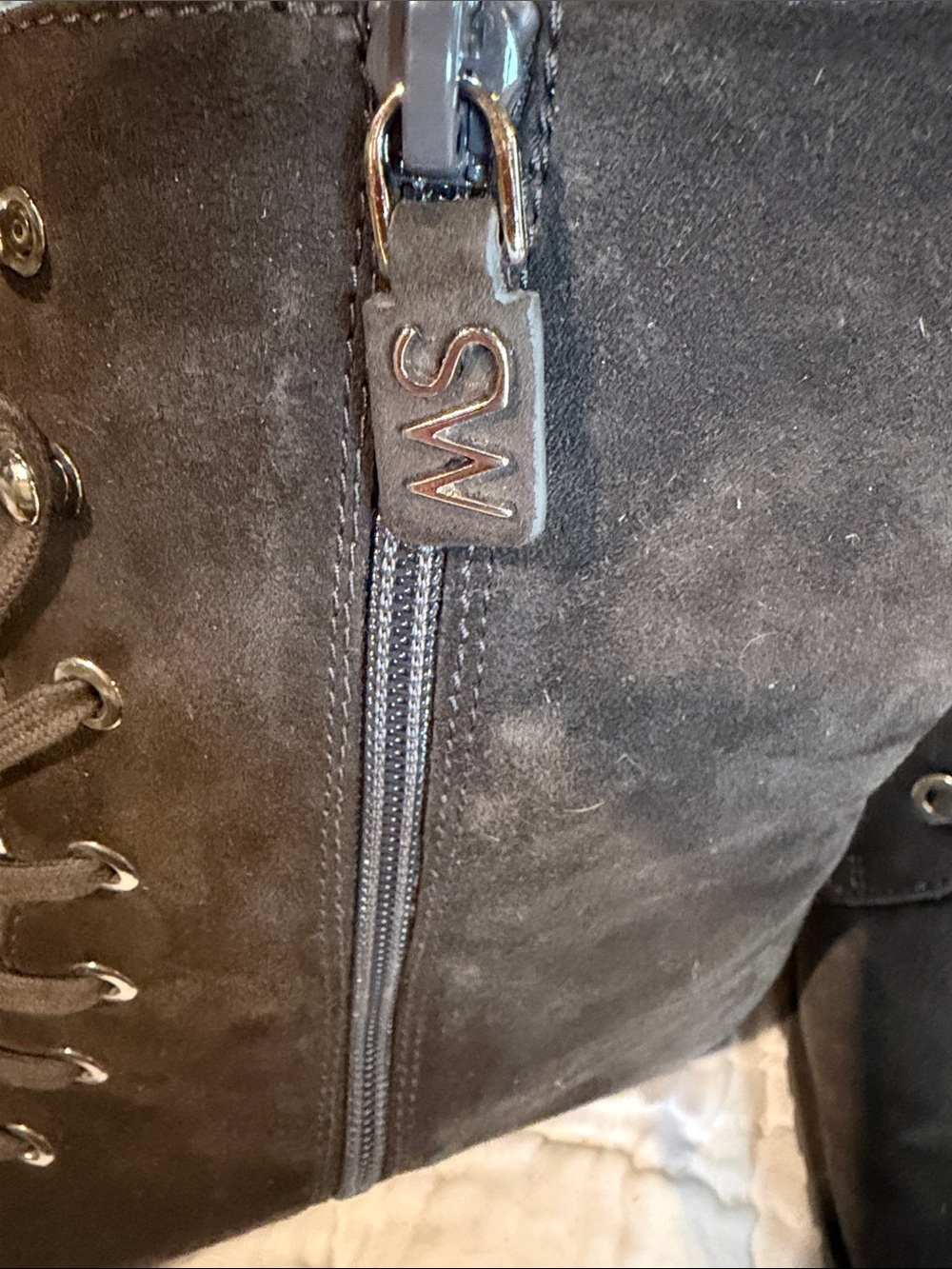Stuart Weitzman Dark Grey Suede Lace-Up Combat Boots - Picture 2 of 4